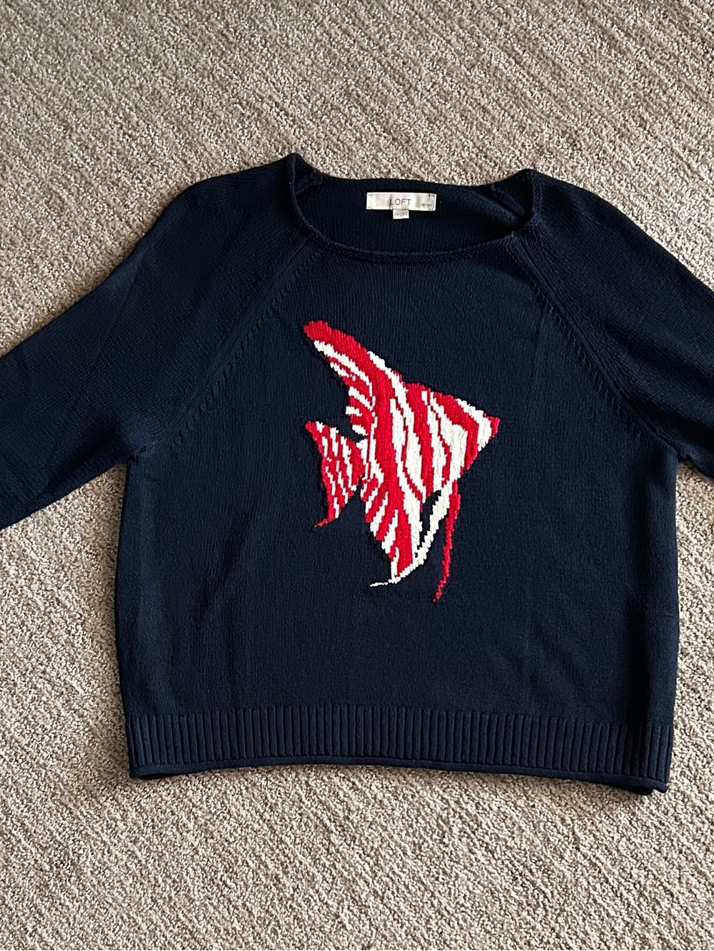LOFT Navy Crewneck Sweater with Red & White Fish Motif